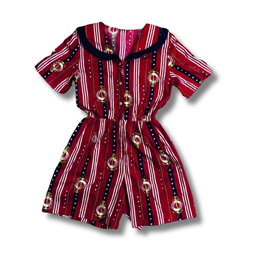 Vintage Nautical Red Stripe Anchor Print Sailor Collar Americana Romper